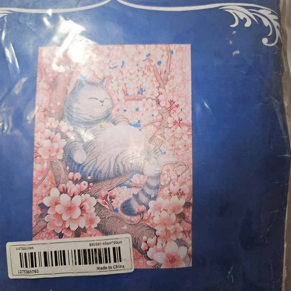 Cross Stitch Kit 11 Count Sleeping Cat Cherry Blossoms Framed Picture‎ 65x50cm